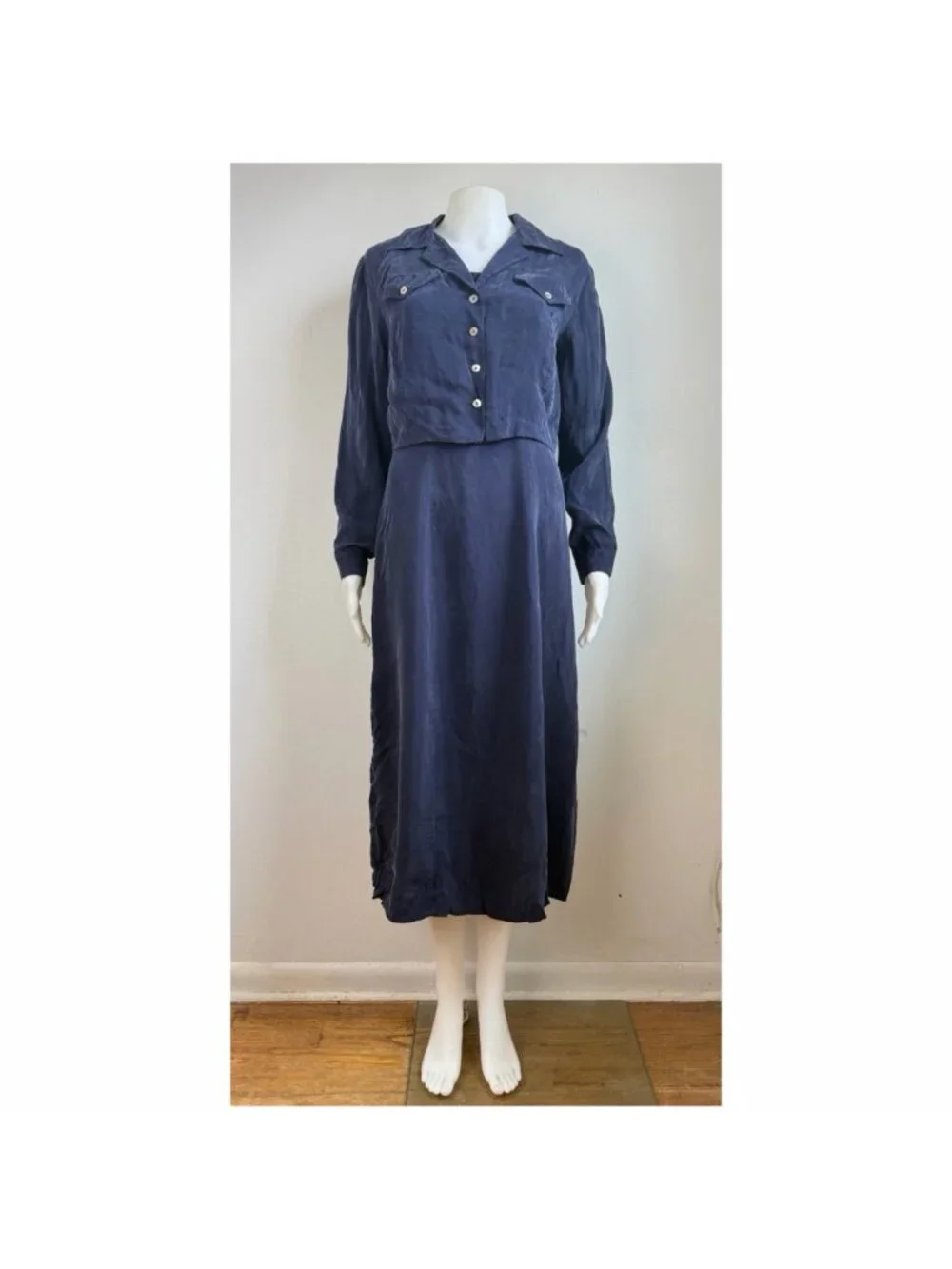 Vintage Dark Blue Dress & Top Set Size Small 90s Bember Rayon Co Ord Oufit Set
